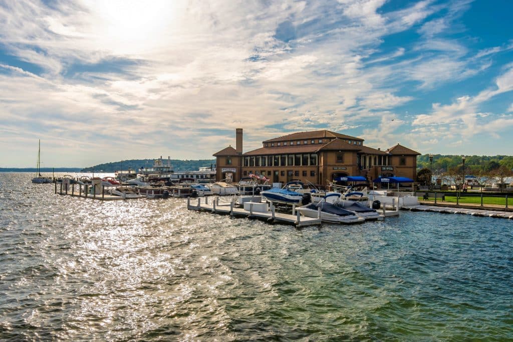 Riviera shops and boat house view in Geneva Town of Wisconsin