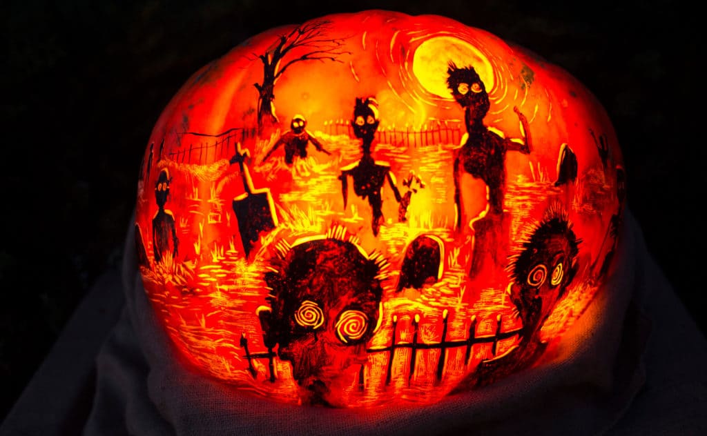 Image showing an artistically carved pumpkin at the Chicago Botanic Garden
