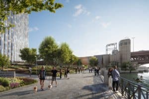 A rendering of the new Related Midwest project in Chicago showing people walking through a renovated park area 