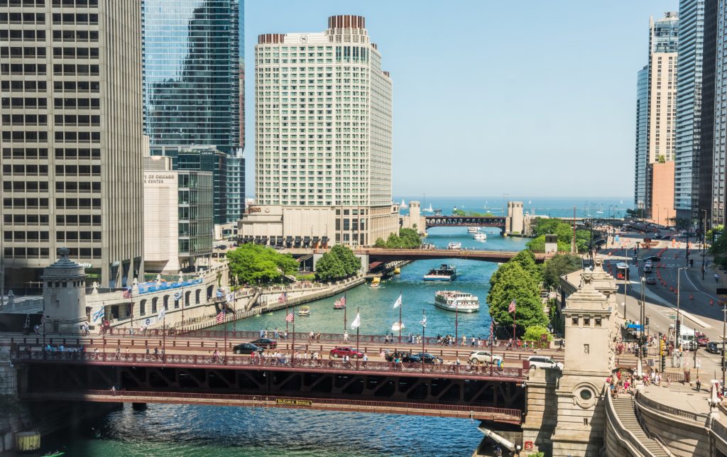 Image showing an aerial view of Lake Michigan, DuSable bridge and Wacker Drive in Chicago