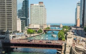 Image showing an aerial view of Lake Michigan, DuSable bridge and Wacker Drive in Chicago