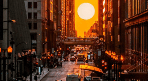 Photo of the sun beaming down the streets of Chicago for the fall Chicagohenge