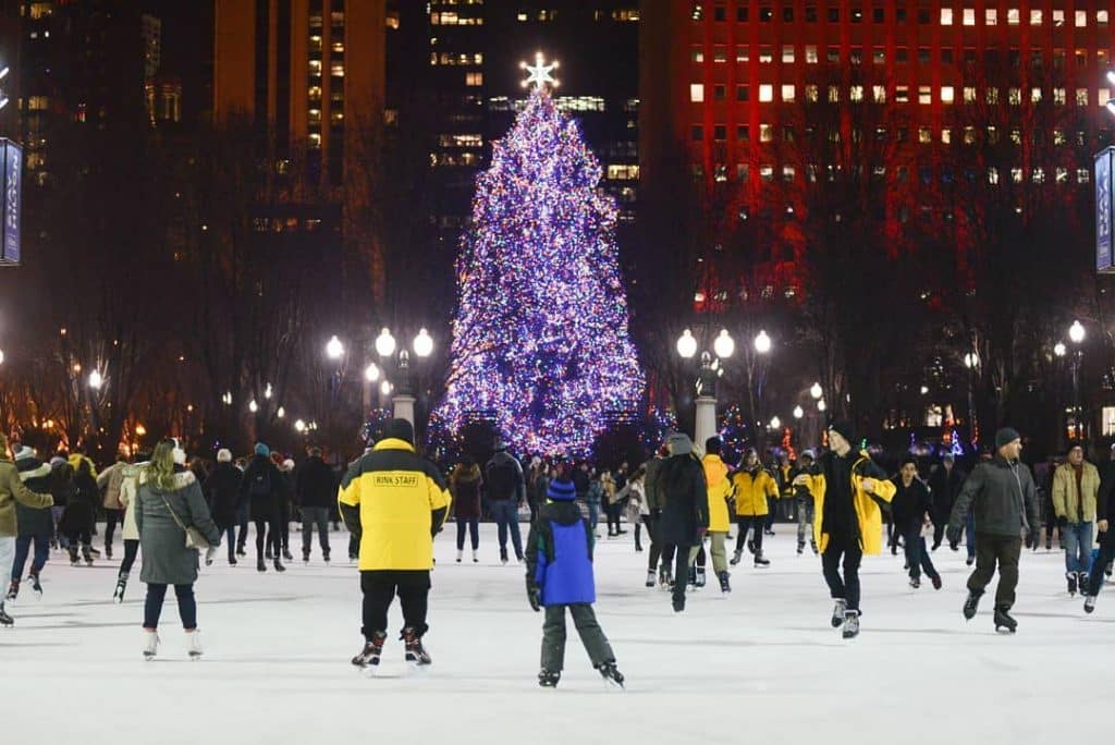 Image of the Millennium Park Christmas Tree and ice skating rink