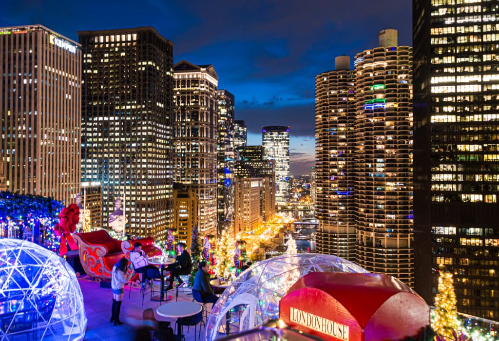the terrace of LondonHouse Chicago for the hotel's festive rooftop holiday experience