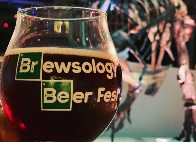 Brewsology Beer Fest mug pictured with an event background