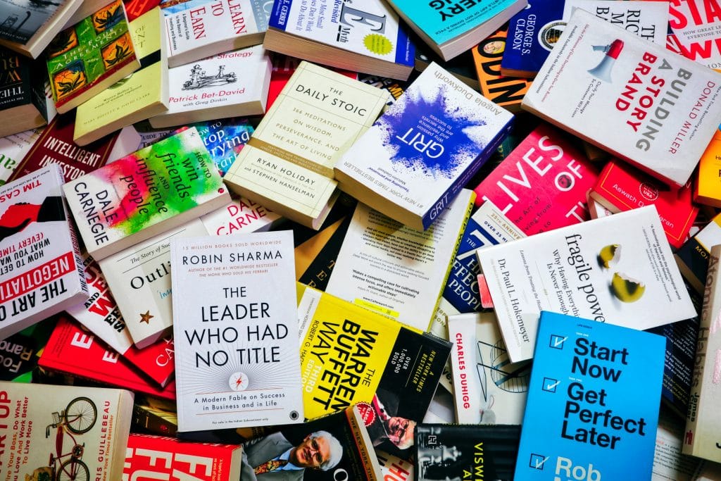Close up of books in a heap