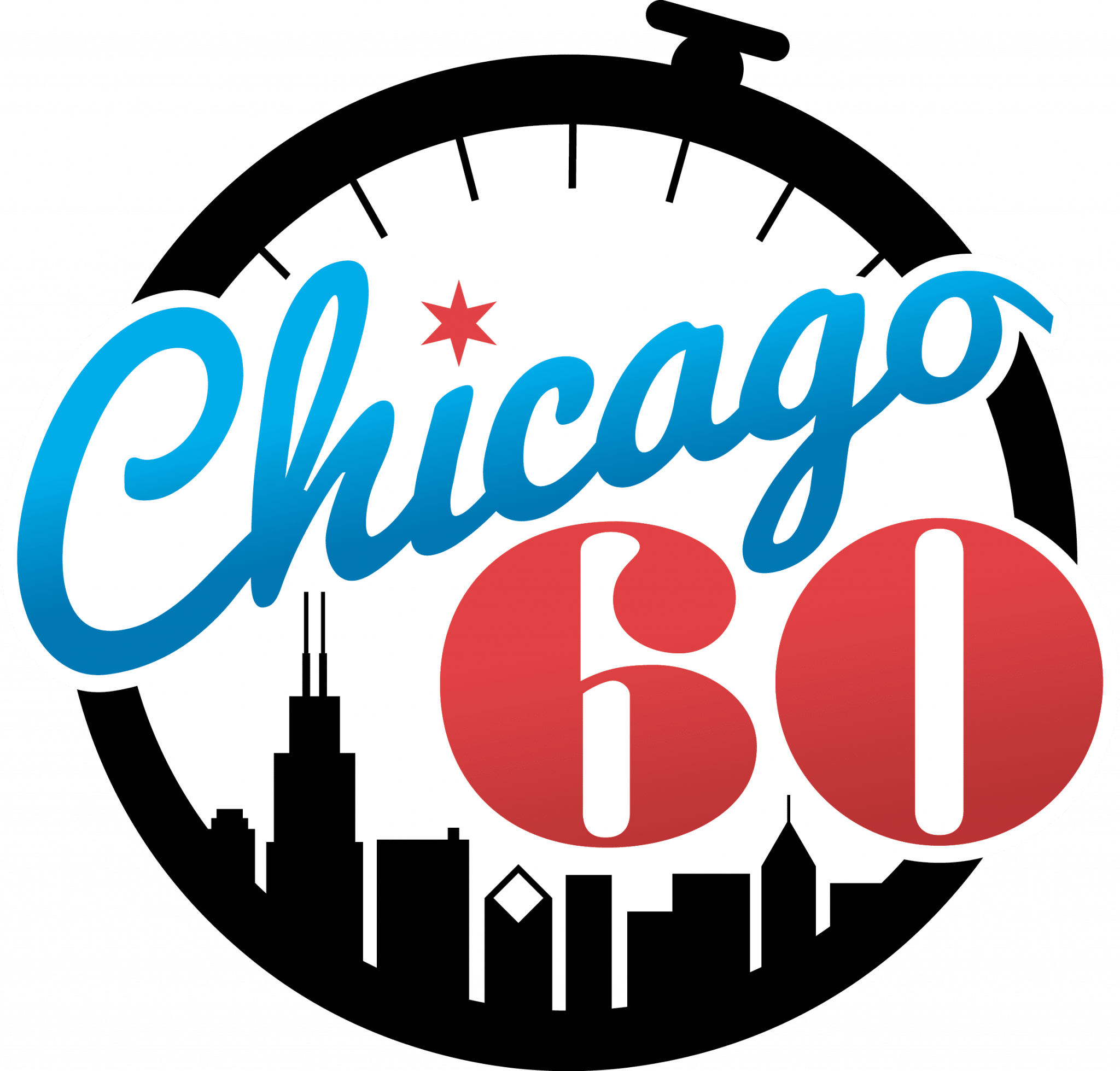 Logo title text for Da Chicago 60 podcast with cutout of skyline at bottom of circle