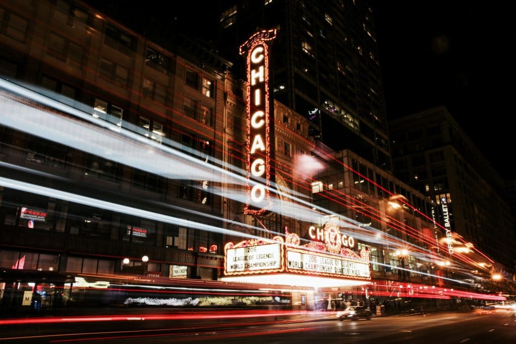 Nighttime shot of a Chicago theater