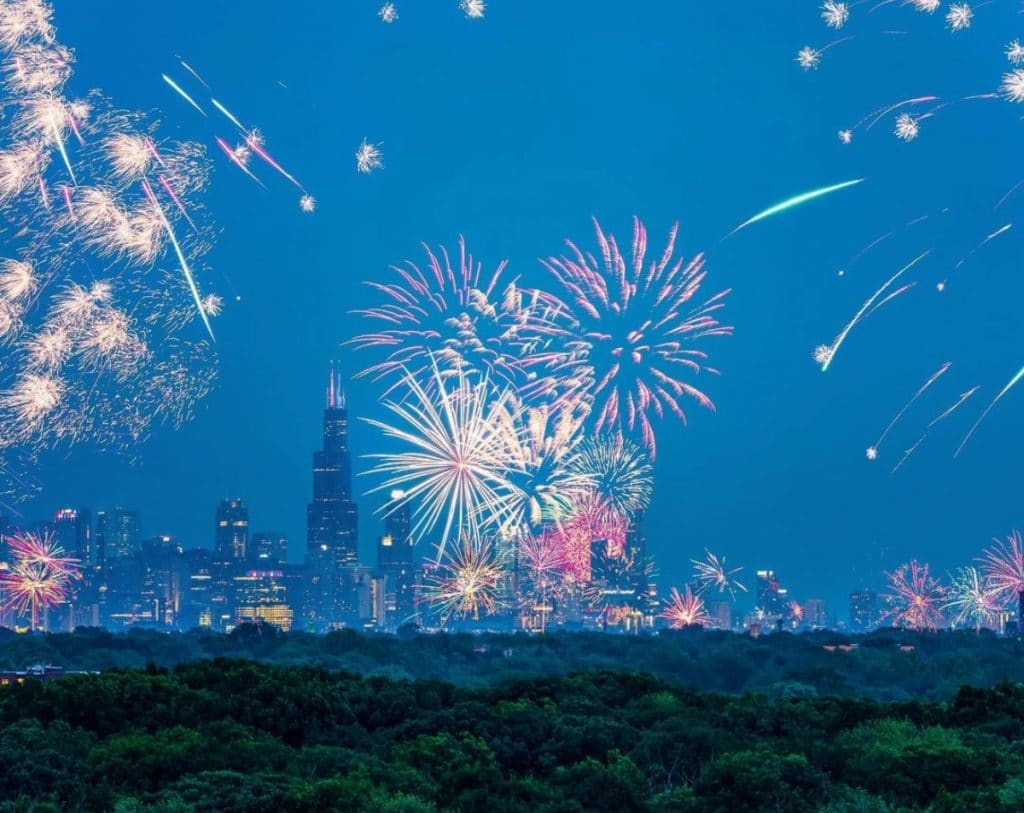 Firework display over the city of Chicago