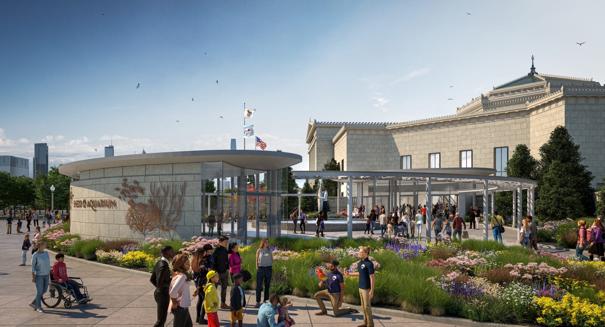 Rendering of people outside Shedd Aquarium's exterior by a garden space