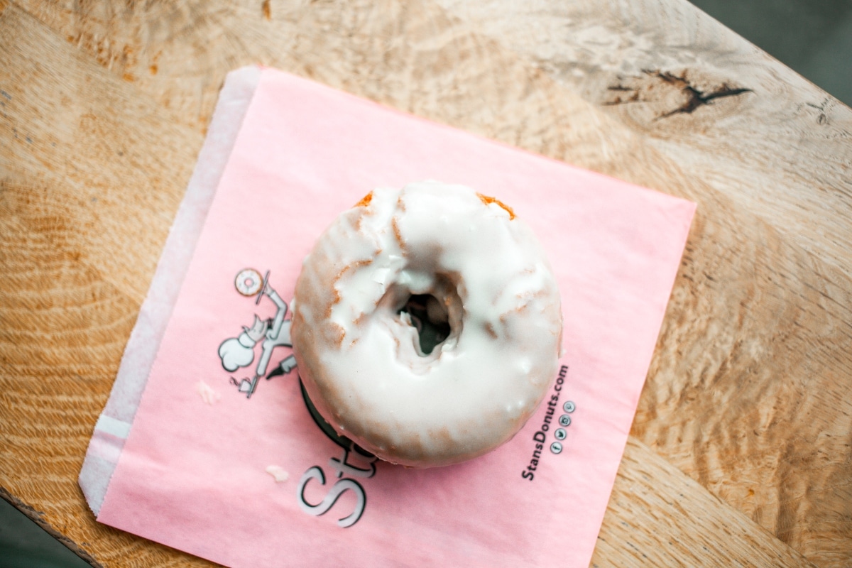 Glazed donut cake on a Stan's Donuts napkin