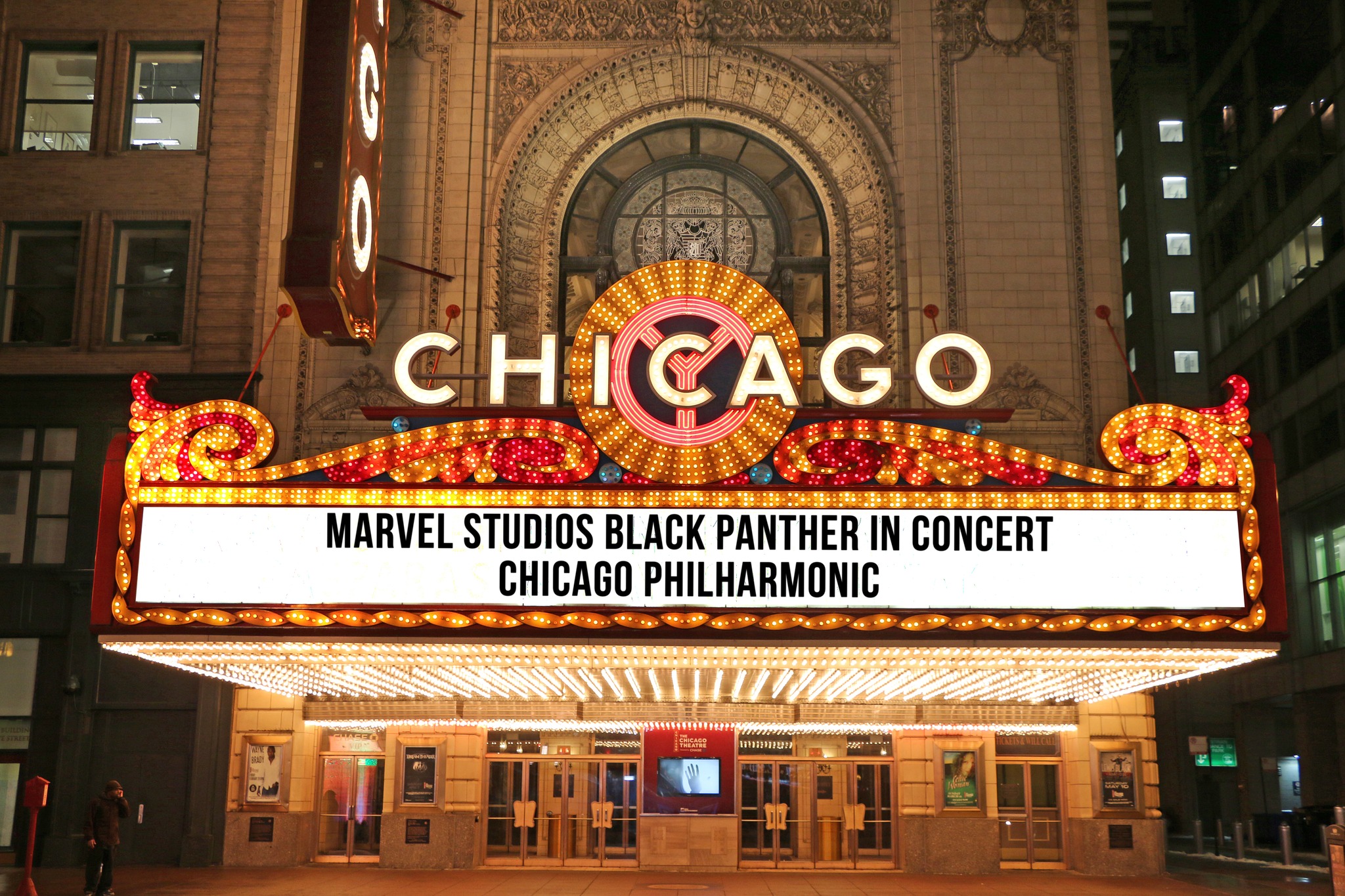 Exterior of the Chicago Theater shows Black Panther concert announcment