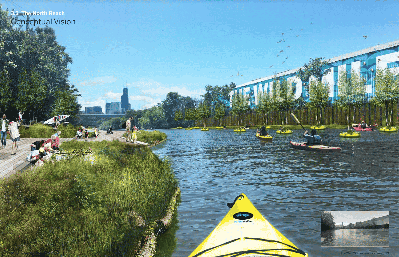 Rendering of the proposed project shows kayak on the river and garden