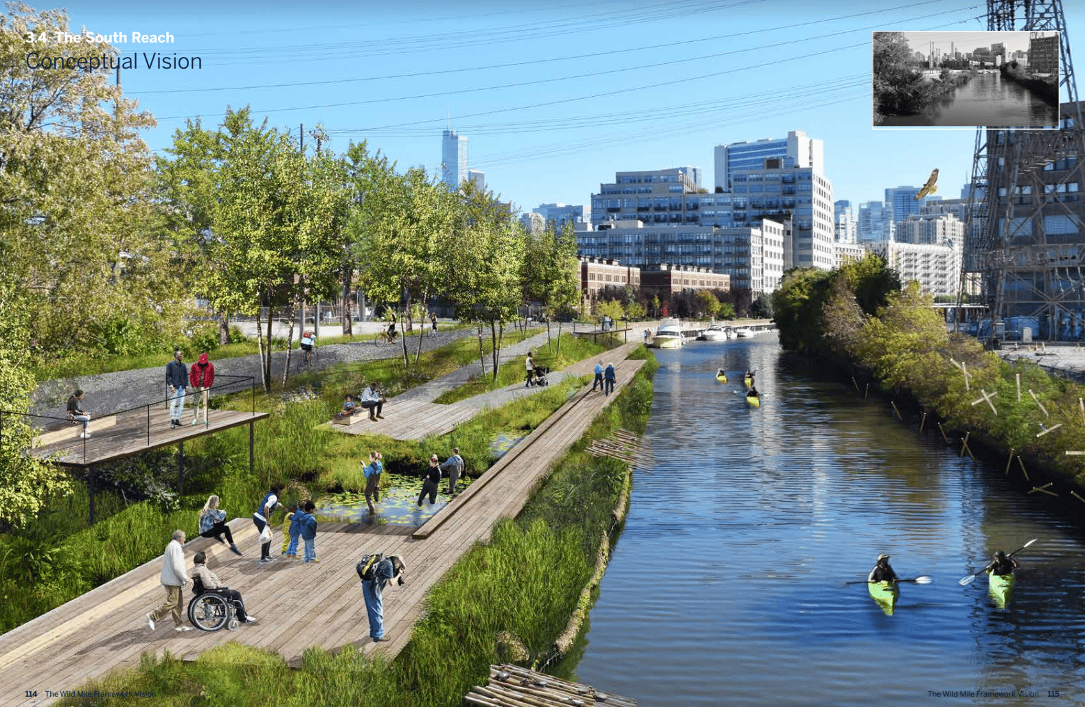 Rendering of the proposed project shows river view and garden walkway