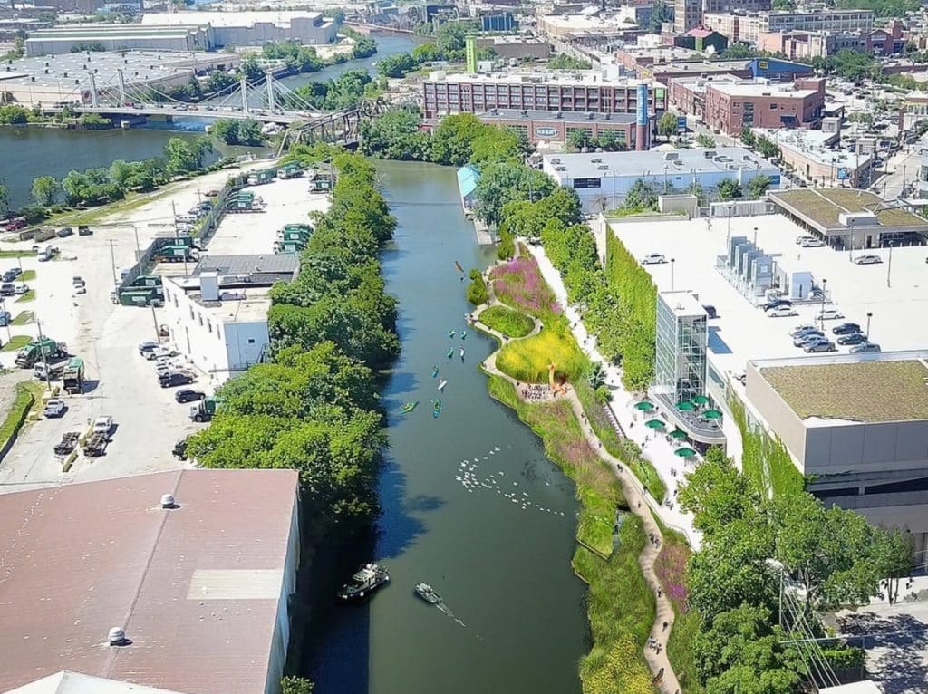 Aerial shot of the Wild Mile garden with river and city seen as well