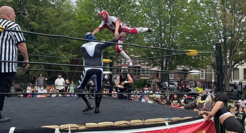 Wrestlers fighting in a match