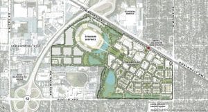 Rendering of Arlington Heights stadium and campus shown on a map