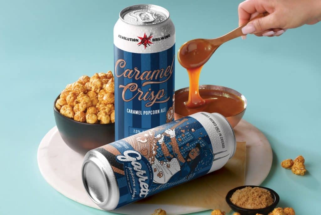 New Caramel Crisp beer cans seen next to a bowl of popcorn and caramel