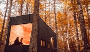 Image showing a person reading in a Getaway cabin outside of Chicago surrounded by trees in fall