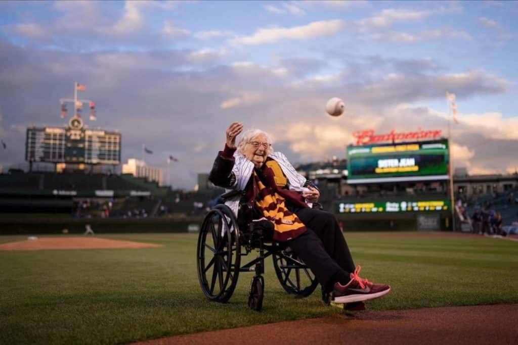 Sister Jean throwing the first pitch