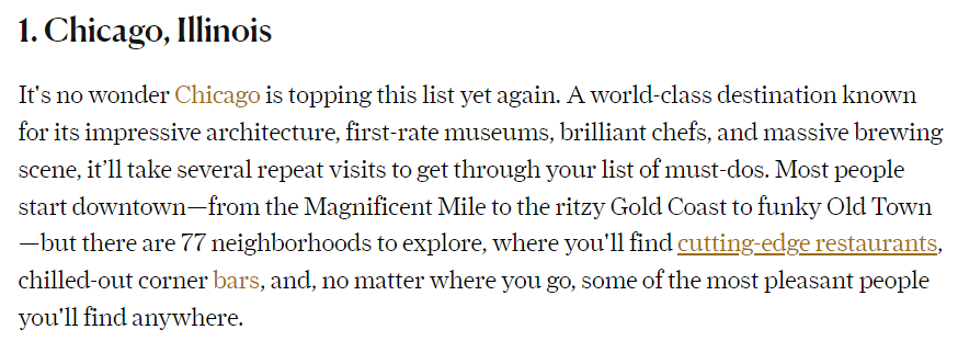 Image showing Condé Nast Traveler's description of Chicago in its #1 ranking as the Best Big City in the United States 2023