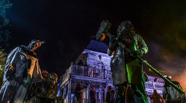 Haunted house with masked characters
