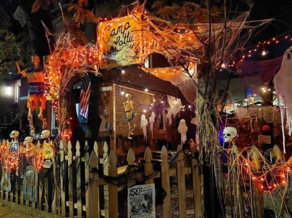 Exterior of Lottie's decorated for Halloween