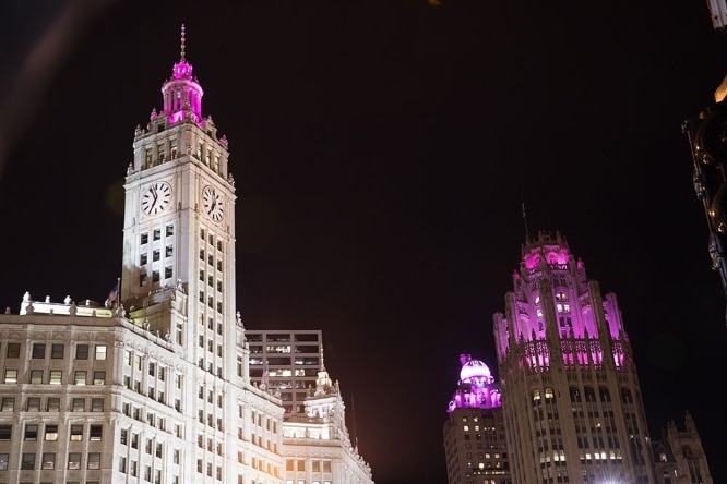 Buildings seen with pink lights for the campaign