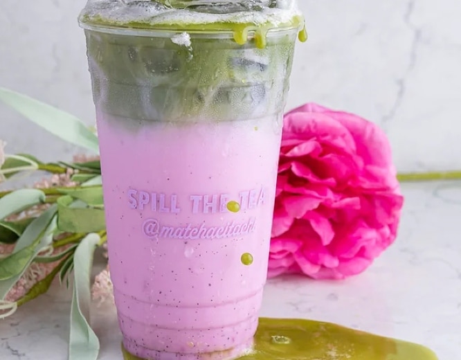 Pink matcha seen in branded cup