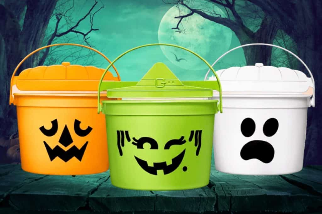 Three Halloween Boo Buckets seen against a backdrop