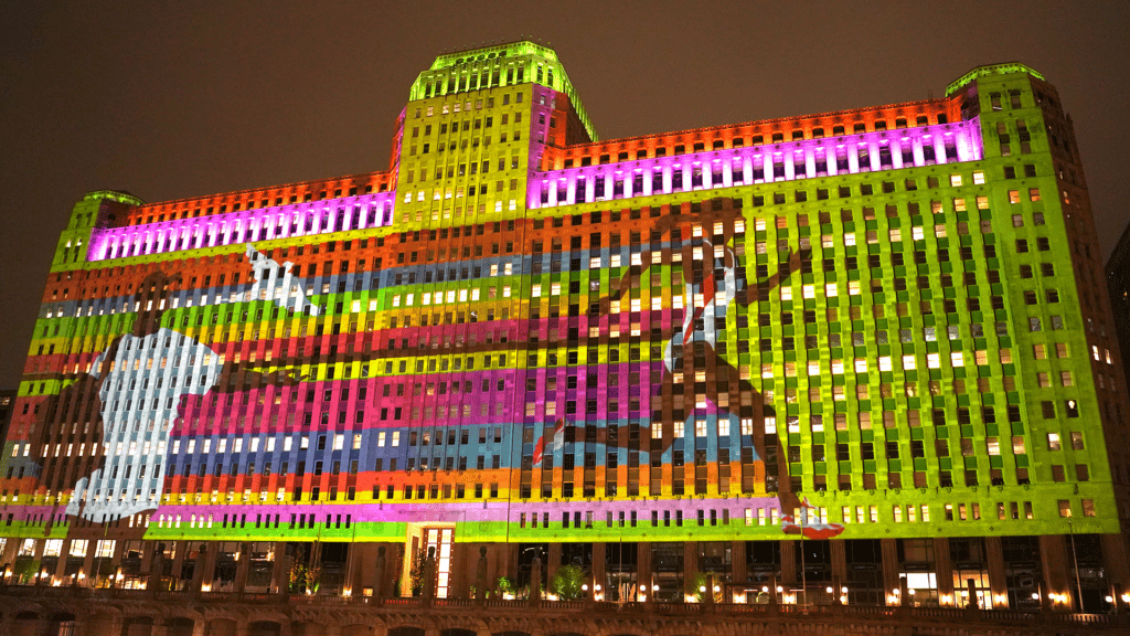 Visual art projected on Chicago's Merchandise Mart for Art on the MART