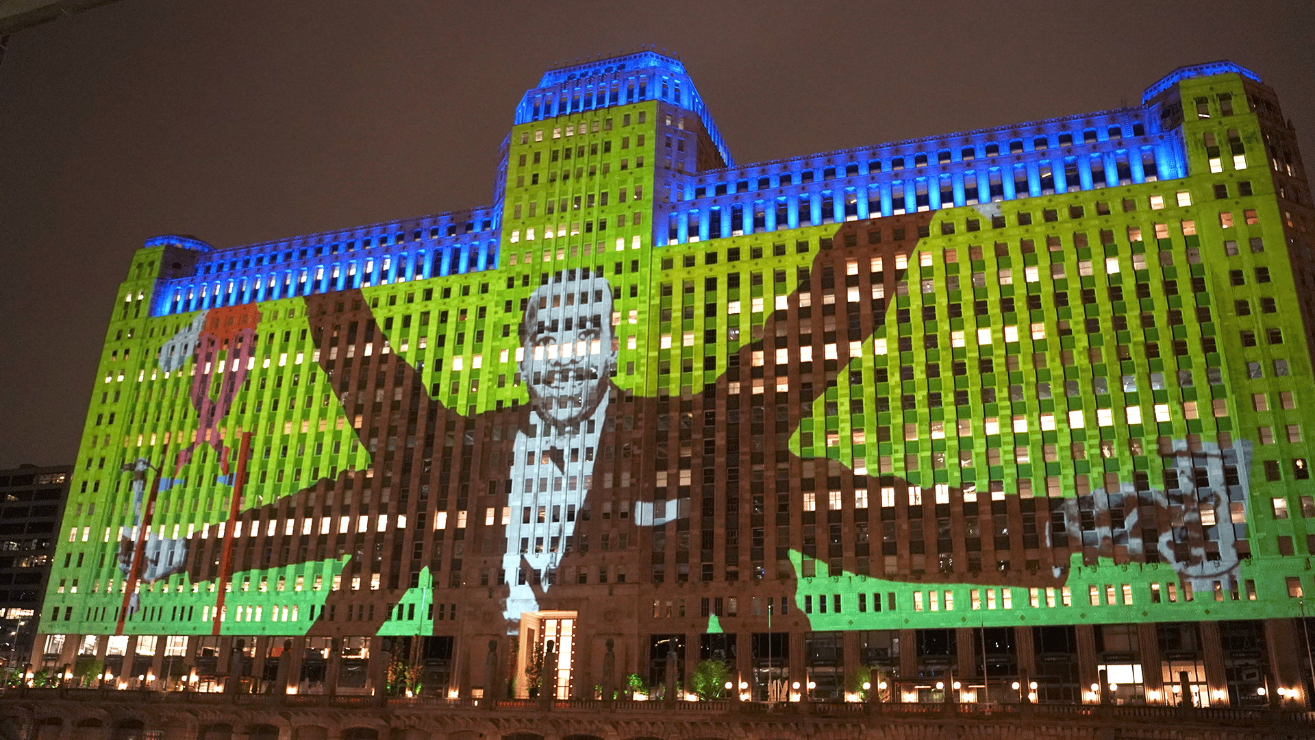 Visual art displayed on the Merchandise Mart in Chicago for Art on the MART