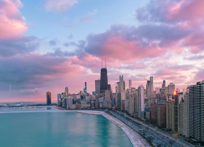 Chicago skyline against a sunset