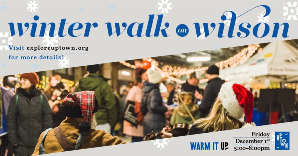 graphic for wilson winter walk with people dressed in holiday garment while talking with people at the market 