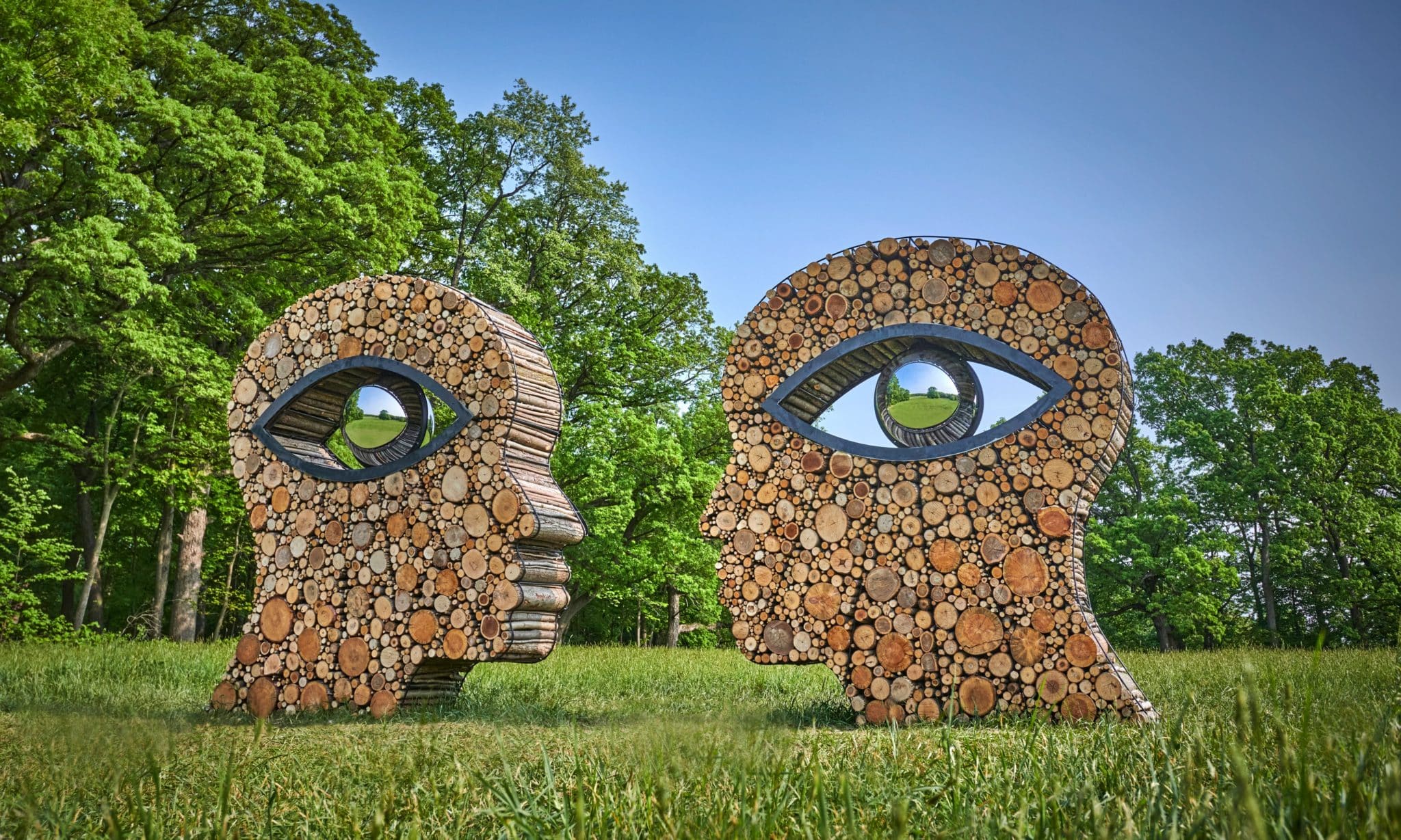 sculpture of the “Oculus” sculpture with two large heads and eyes for the brains at the Morton Arboretum in Chicago for the new "Of the Earth" exhibition