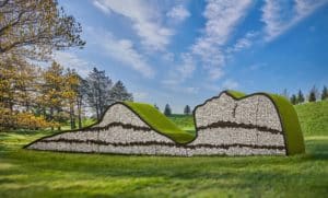 Image of the sculpture "Strata" installed at the Morton Arboretum in Chicago for its "Of the Earth exhibition by Olga Ziemska.