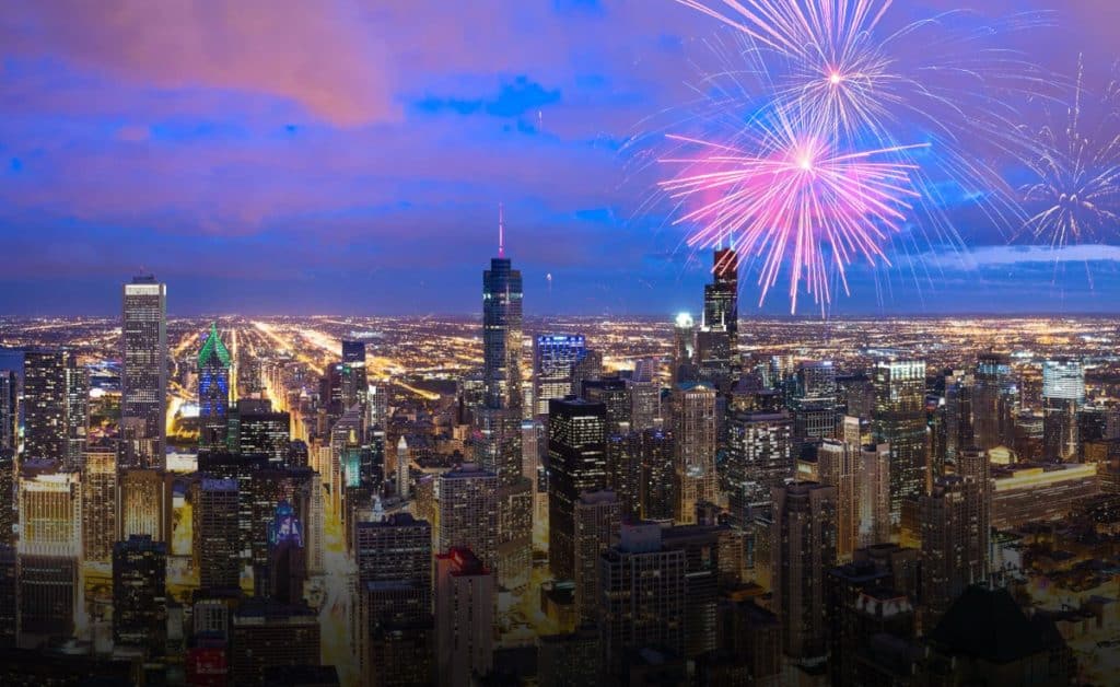 Firework display pictured against the Chicago skyline