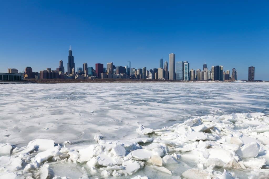 Icy conditions seen with Chicago skyline in background