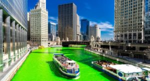 Green river pictured in Chicago surrounded by buildings