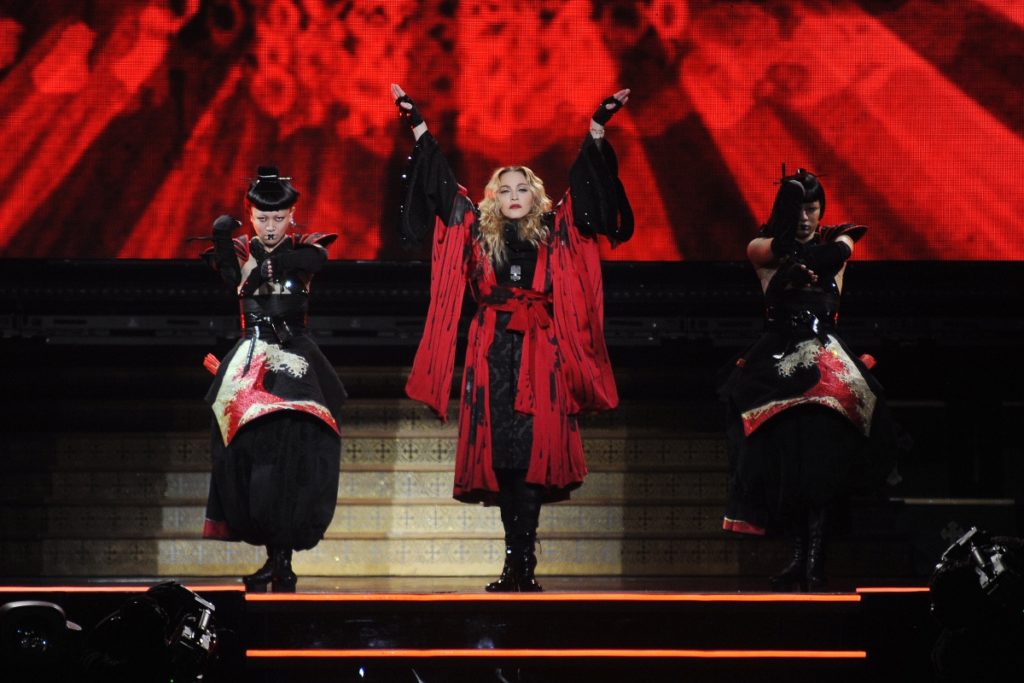 Madonna and dancers performing on stage