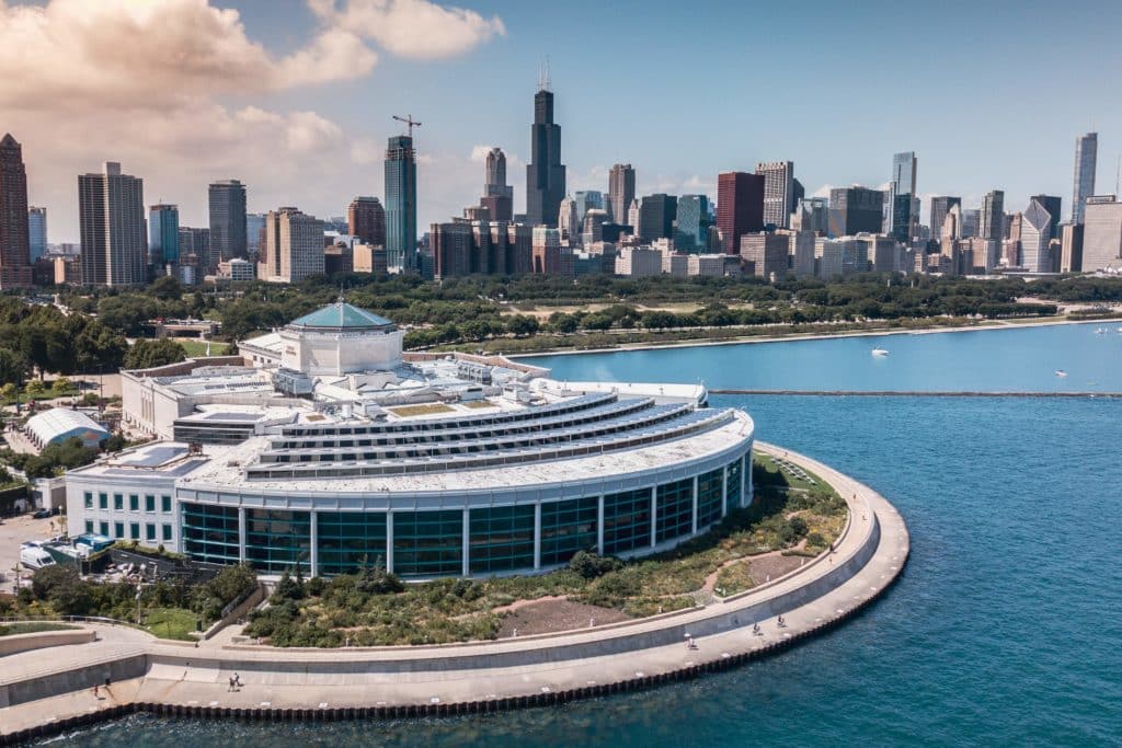 Aerial Drone image of Chicago skyline with lake Michigan and Aquarium
