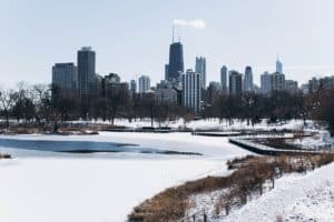 Chicago featuring a frozen river