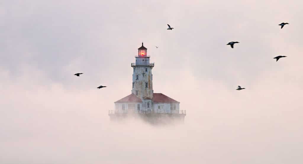 Photo of birds flying past Chicago Harbor Lighthouse