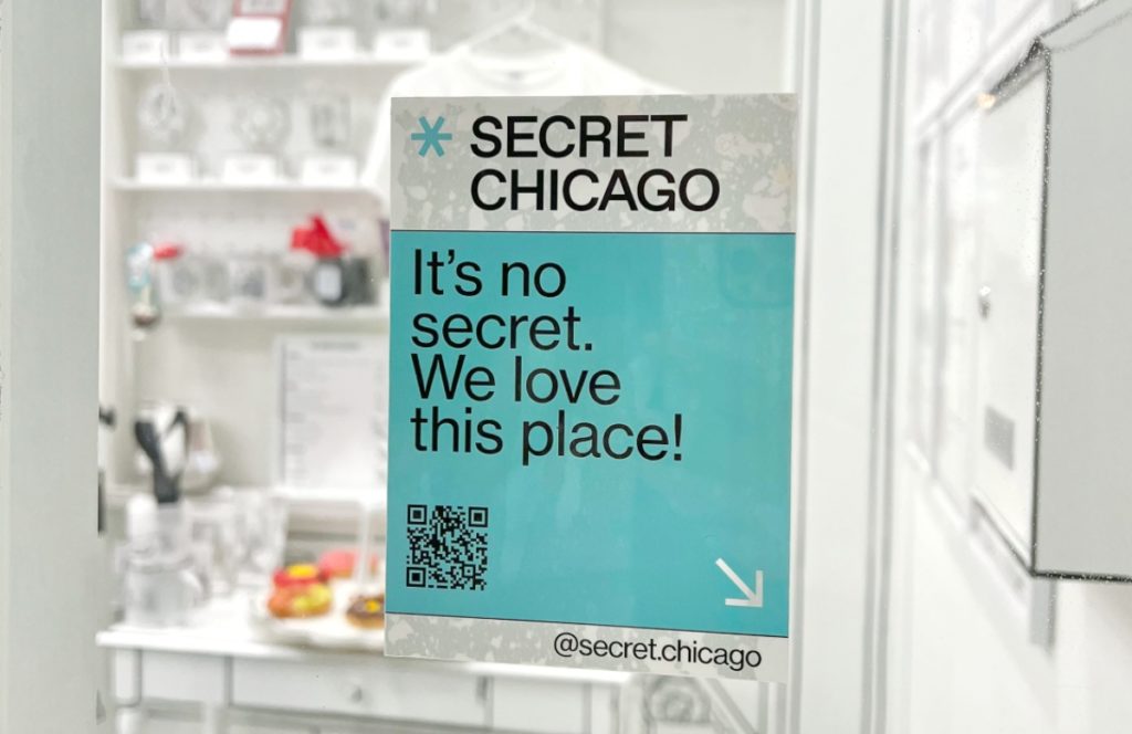 Blue Secret Chicago sticker pictured that says 