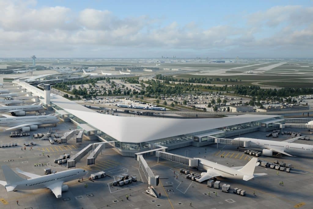 Rendering of the new terminal 5 from the outside showing planes parked
