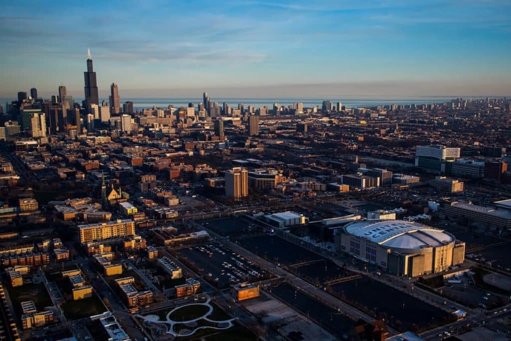 Aerial view of the United Center and Chicago as a whole