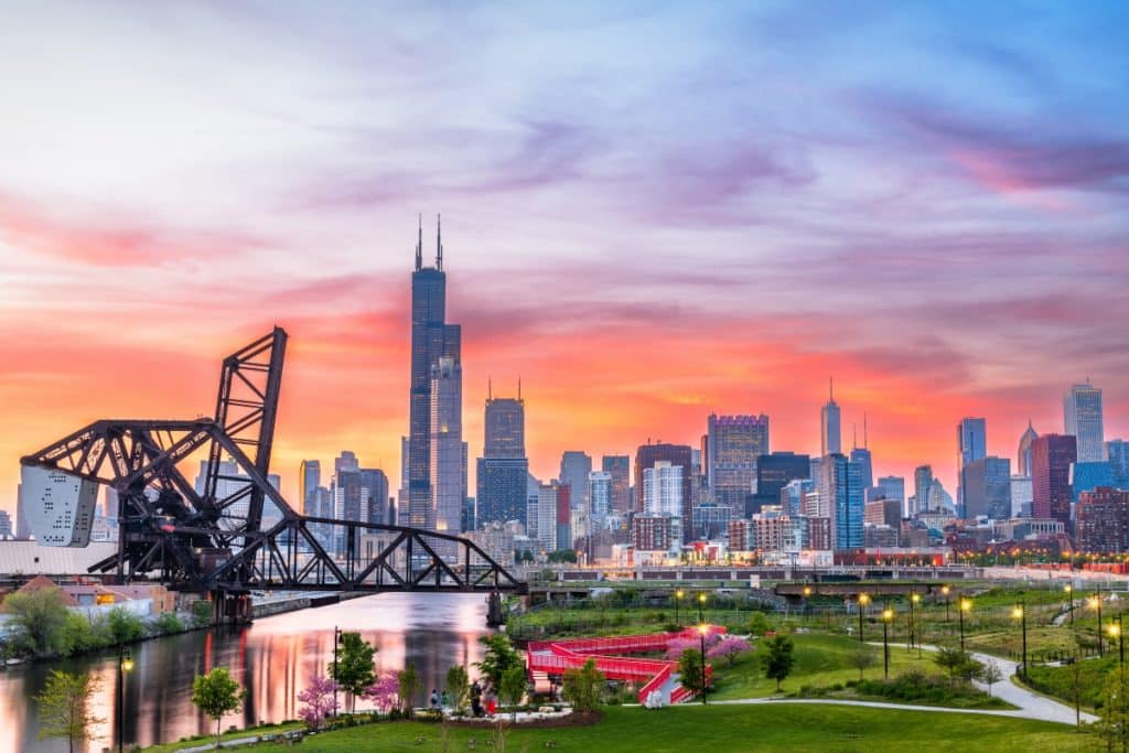 Chicago skyline pictured during sunset at a park in downtown.