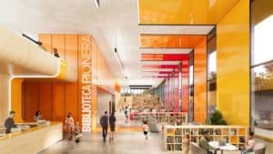Interior rendering of the Humboldt Park library branch featuring colorful walls and rows of bookshelves. 