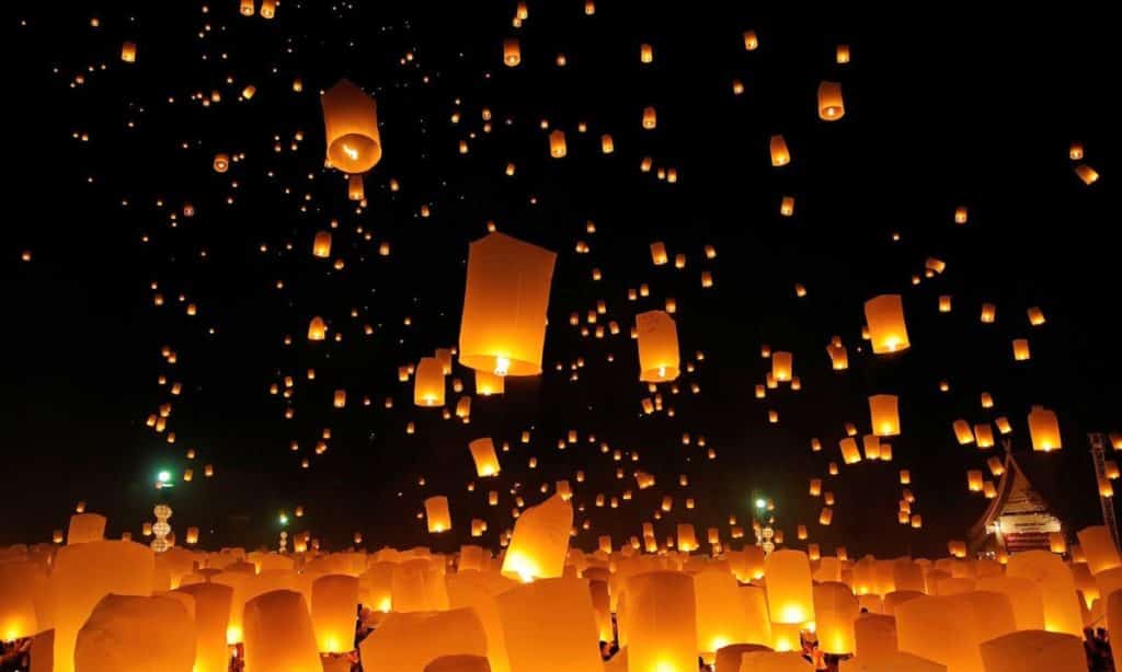 Glowing lanterns soaring in the sky