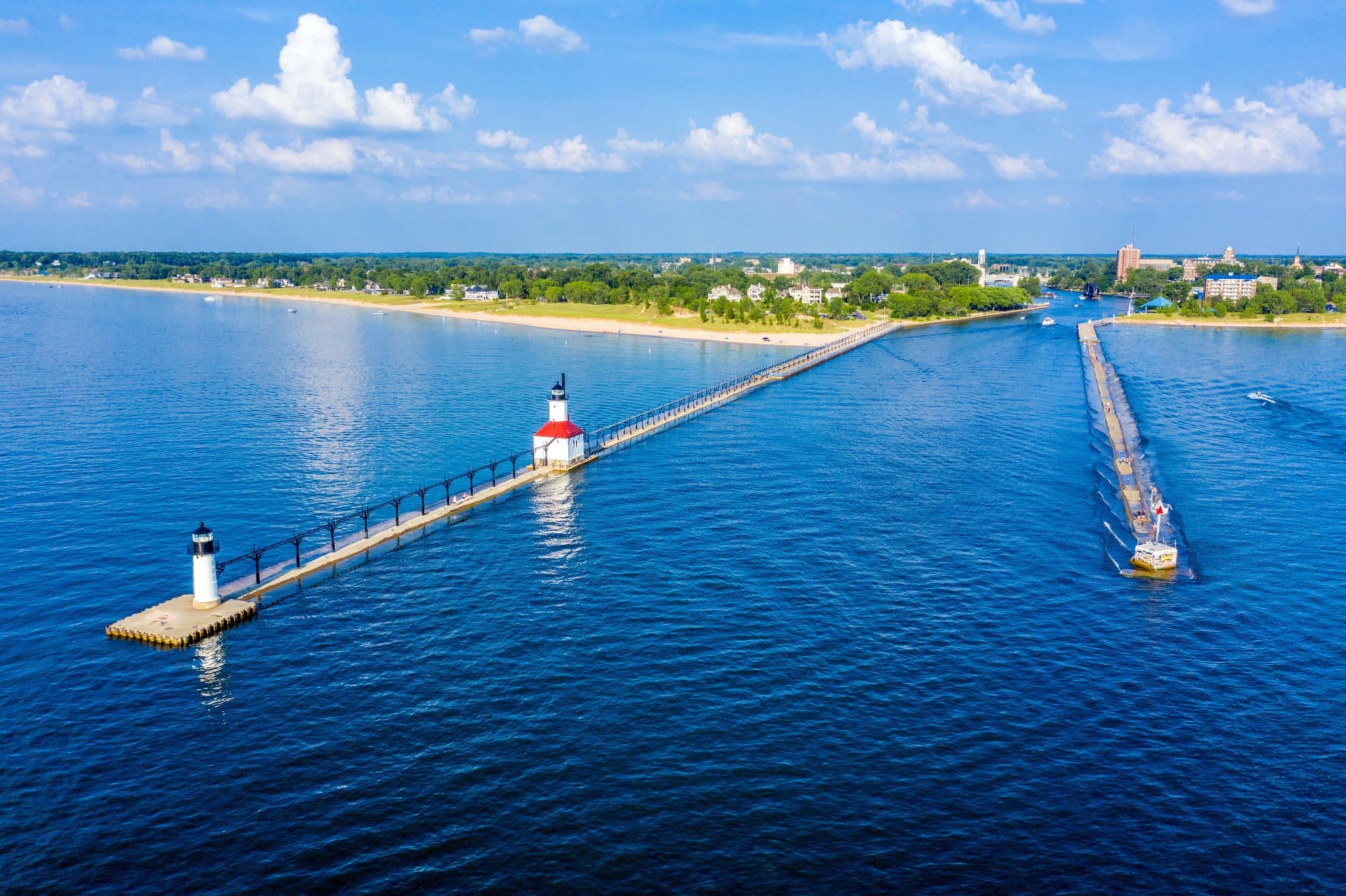 Aerial view of the St. Joseph North and South Pier Lighthouses on Lake Michigan